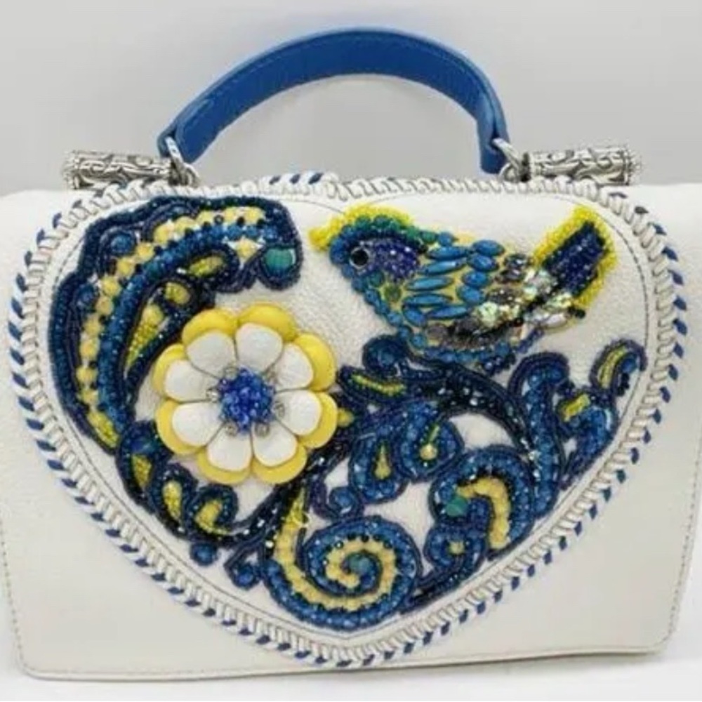 Brighton Heartsong Blue Bird Beaded Heart White Satchel Crossbody Purse